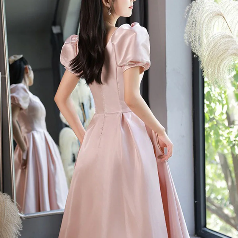 Pink Evening Dress for Women, Simple French Puff Sleeves, Elegant Satin Princess Dresses, Mid-length Bridesmaid formal Dress