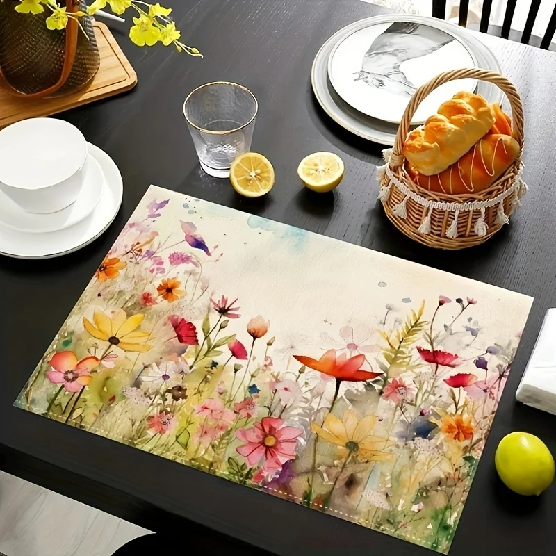 2pcs Spring Summer Placemats Spring Floral Watercolor Multicolor Placemats Decorative Linen Fabric Table Mat Dining Table Decor