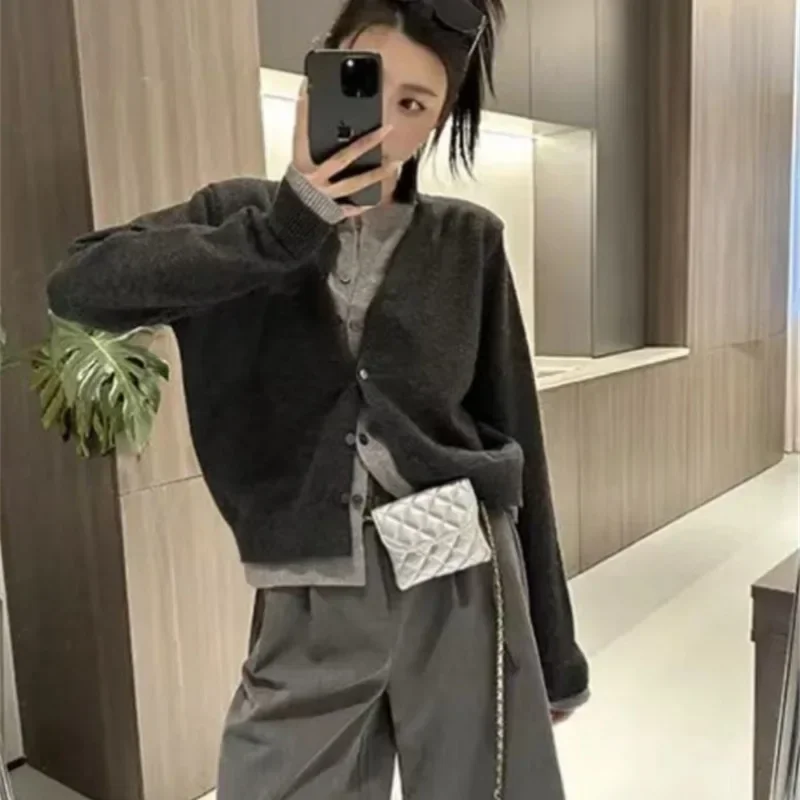 

Autumn New Arrival Single-Piece Dress Gray Knitted Button round Neck Open Cardigan Women's Fashionable Korean Style Sweater