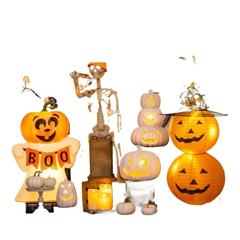 

Halloween pumpkin lanterns decorate interior beautiful ornaments, pendants party kindergarten theme