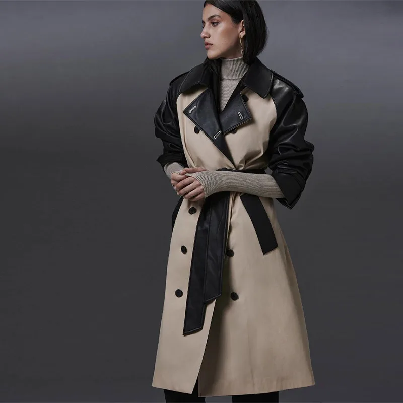 Trench coat feminino retalhos couro do plutônio lapela gola solta cintura longo blusão 2025 outono streetwear feminino outwear