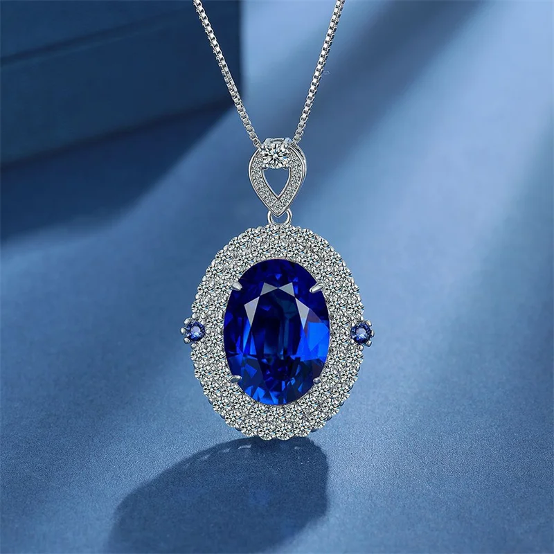 

Shining Crystal Blue Oval Necklace For Women Jewelry Luxury Full Stone Pendant Necklace Female Choker Accessories