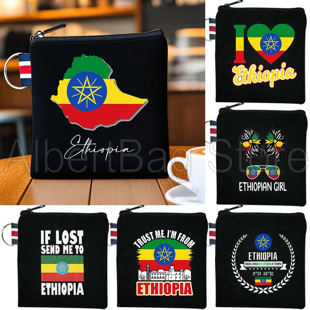 

Addis Ethiopia Map Flag Africa Patriotic Gifts Ethiopian Canvas Coin Purse Small Square Key Storage Card Bag Cotton Wallet Pouch