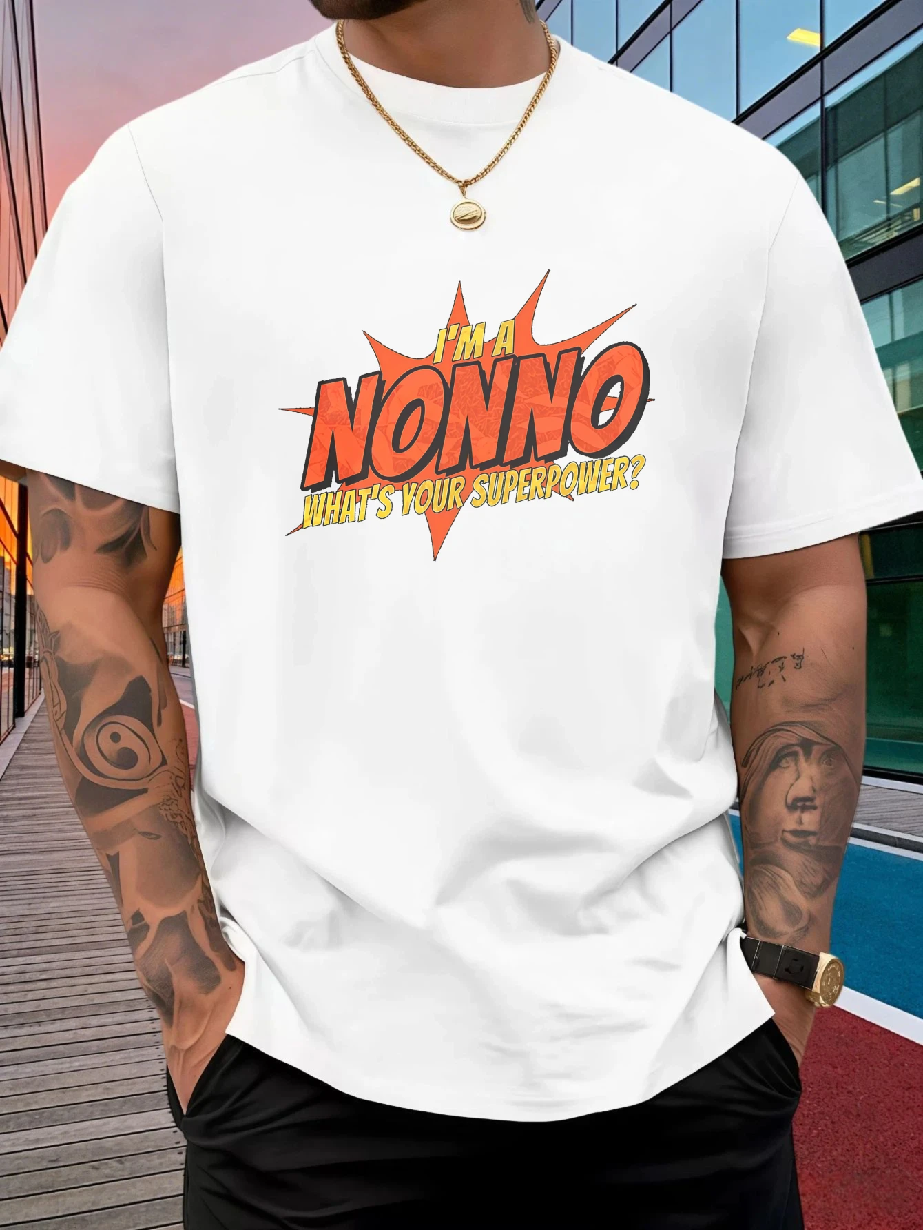 Male Cotton Short Sleeve T Shirt Nonno Superpower Text Pattern Loose Crew Neck Funny Casual Summer Tees For Young Adult Men