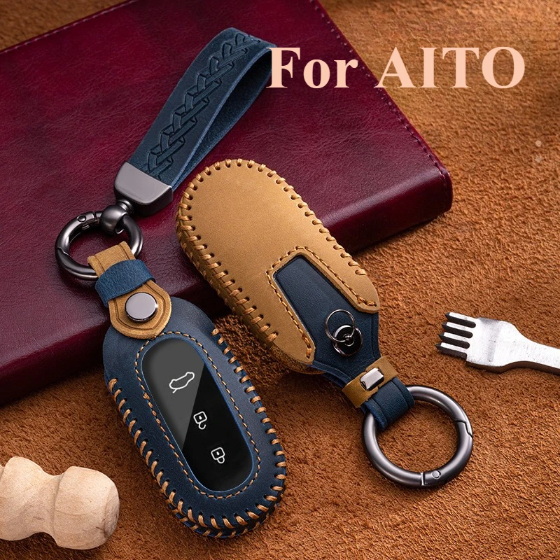 

Handmade Genuine Leather Car Fob Key Case Holder Cover Card NFC Protector Shell Bag KeyChain For AITO M5 M7 M5 EV