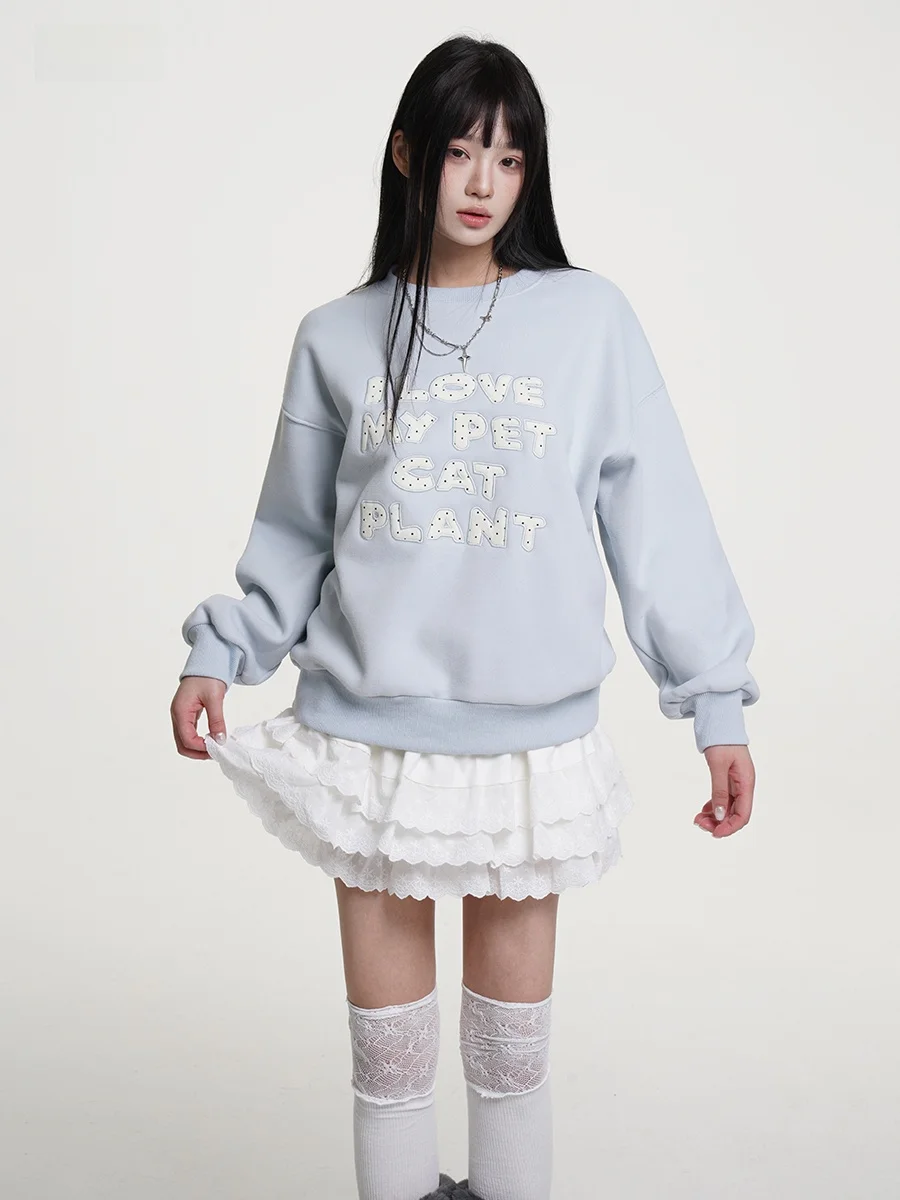 

Синий утепленный свитшот оверсайз с флисовой подкладкой для женщин: мягкий, милый, нежный, в японском стиле, удобный, для отдыха.