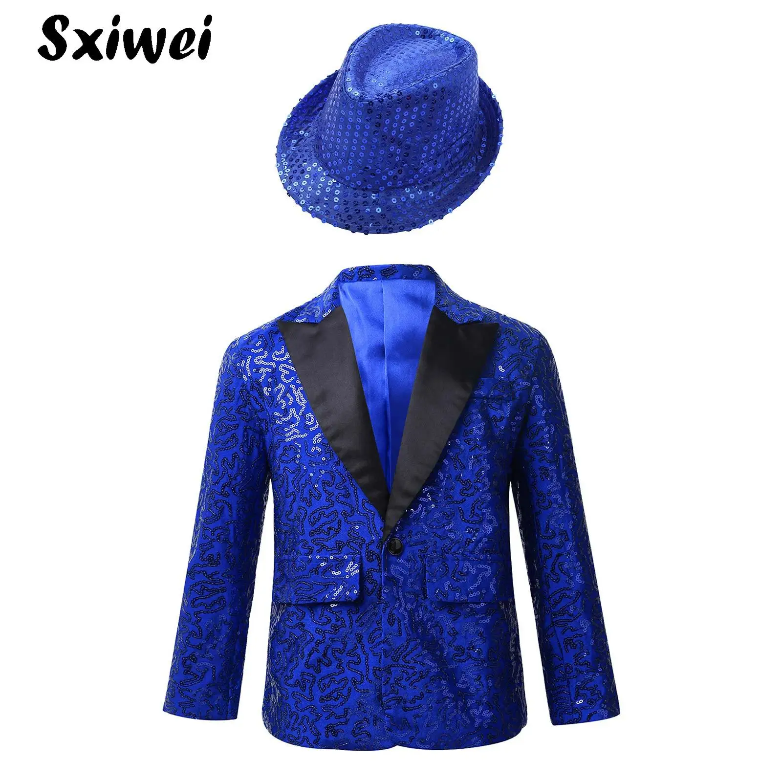 

Kids Boys Sequins Jacket Coat Blazer Tuxedo Costume Shiny Modden Jazz Hip-hop Street Dance Party Stage Performance Outfits