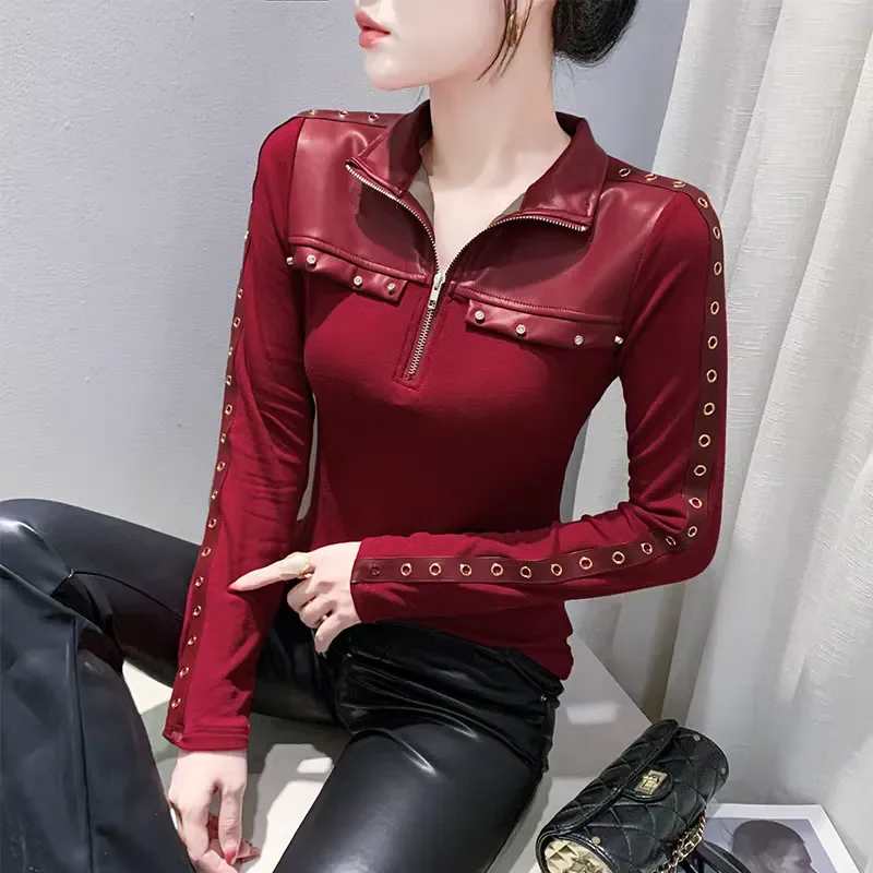 Couro do plutônio retalhos lapela camisa de manga comprida blusa para mulher 2026 nova primavera outono fino prego grânulo meio-zip cardigan topo