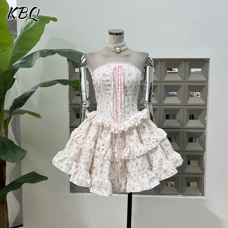 

KBQ Hit Color Backless Spliced Ruffles A Line Skirts for Women Strapless Sleeveless High Waist Temperament French Dress Female