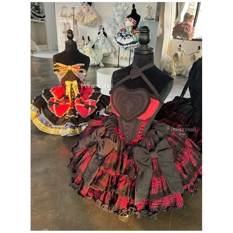 Vestido a cuadros rojo y negro de Lolita para Cosplay de alta calidad, vestido de princesa con cuello de lazo bonito y dulce para mujer, vestido de noche de fiesta ajustado gótico