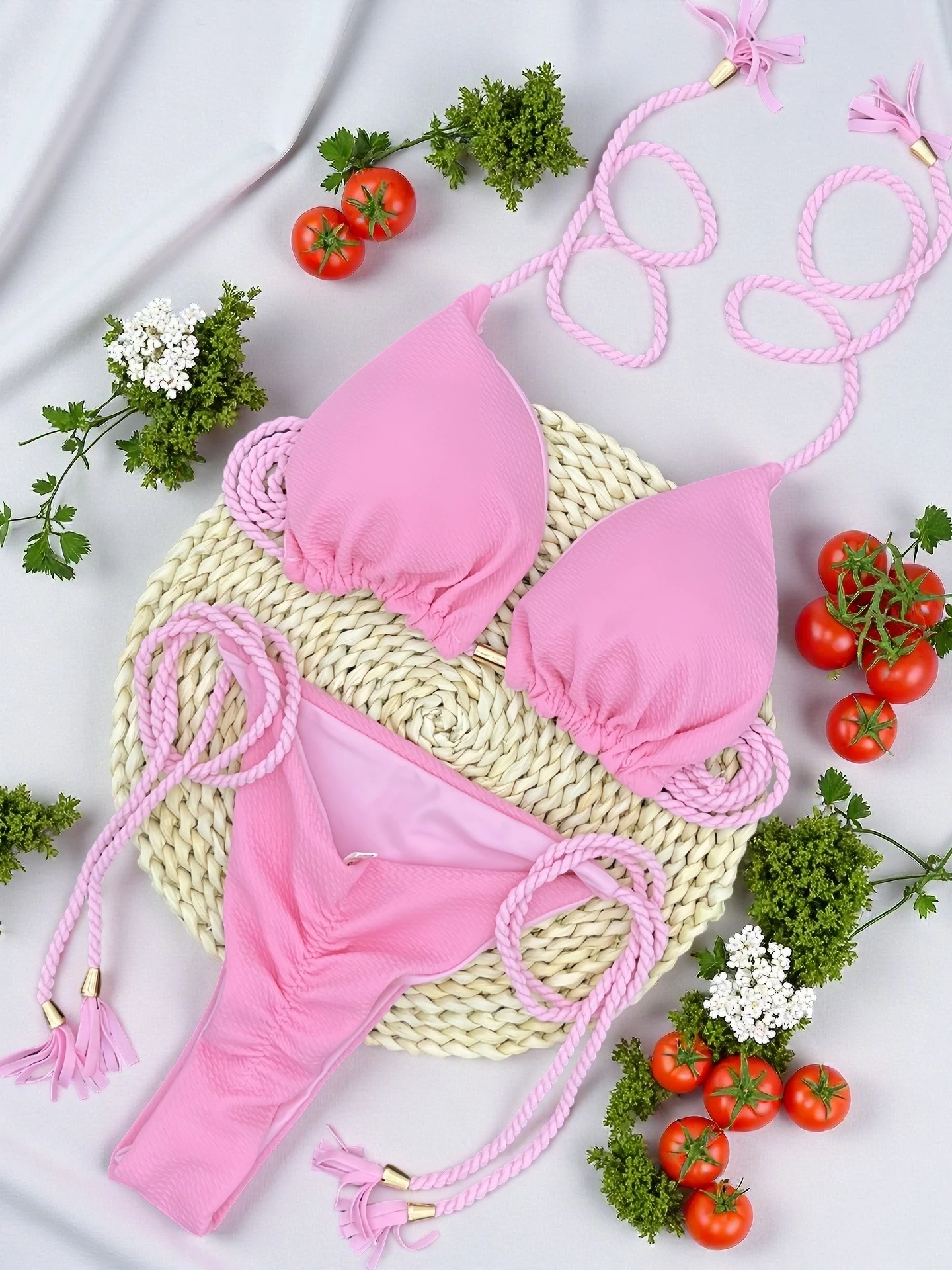 

Sexy solid color special fabric swimsuit women's split bikini set woven rope hanging neck beach swimwear