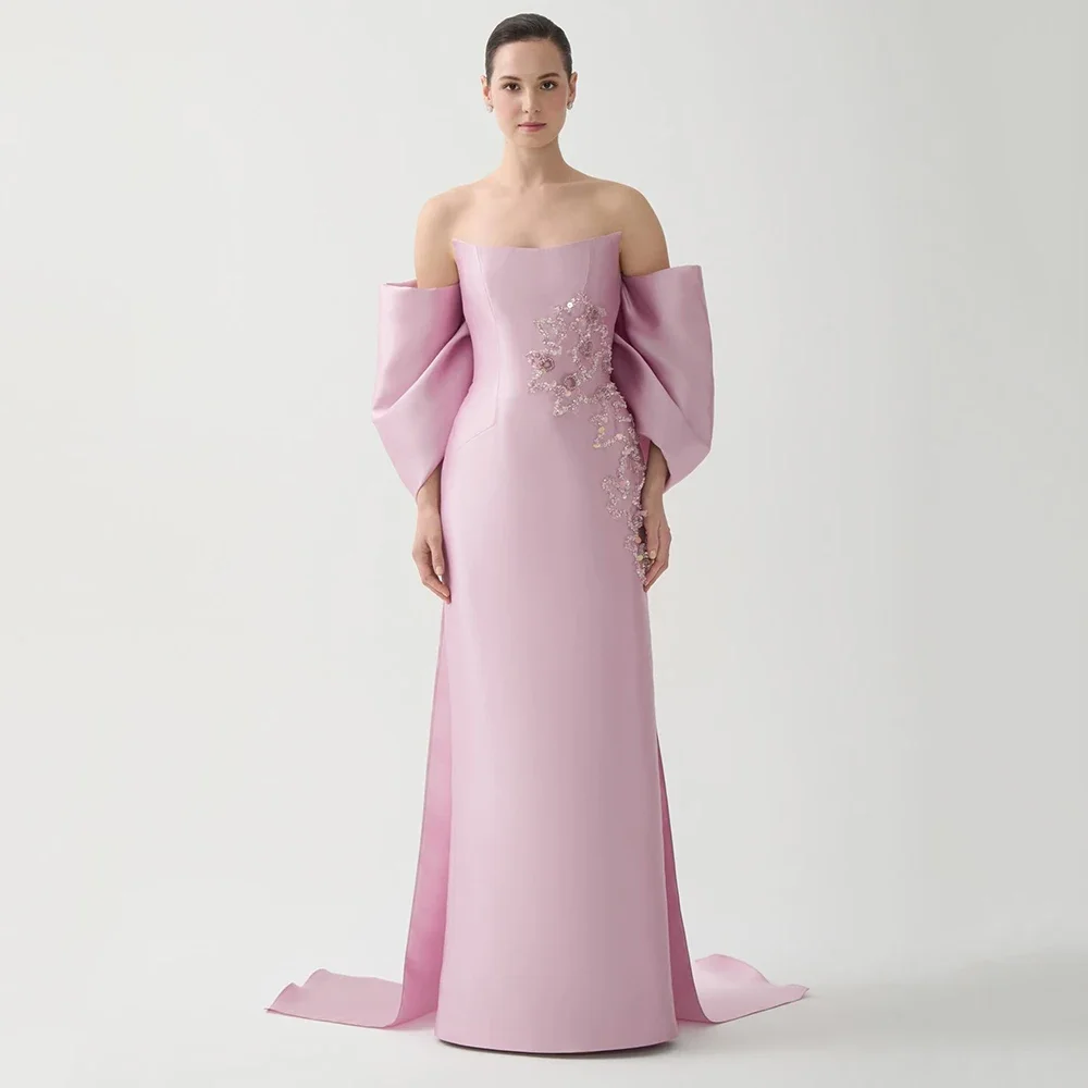 

Customized Strapless With Appliques Satin Evening Dress Sleeveless Sweep Train Party Dress Floor Length Pleat Prom Gown