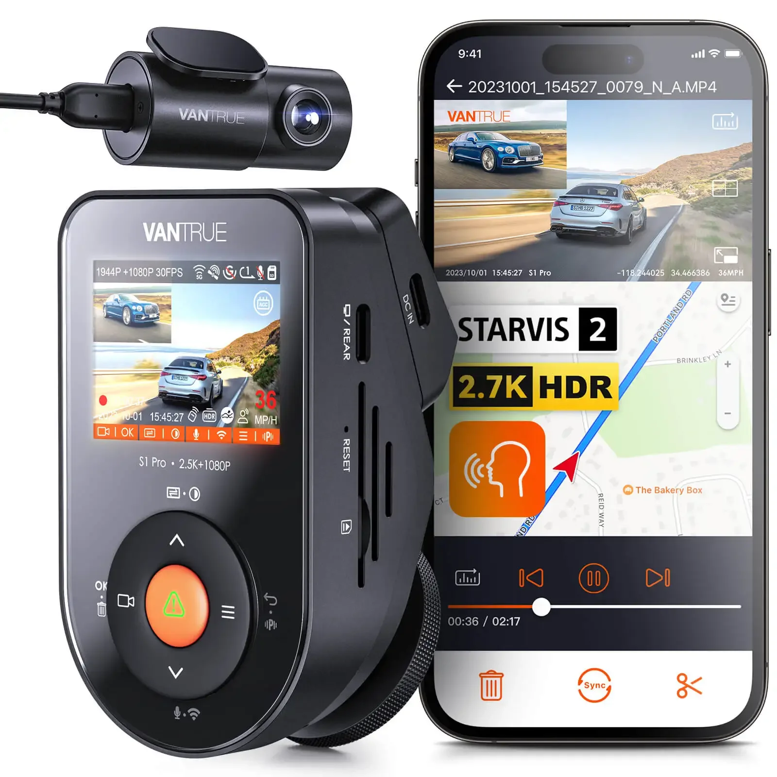 Vantrue S1Pro DashCam 2.7K كاميرا مزدوجة داش أمامية وخلفية 5G WiFi 60FPS كاميرا داش مخفية مع رؤية ليلية HDR تحديد المواقع التحكم الصوتي