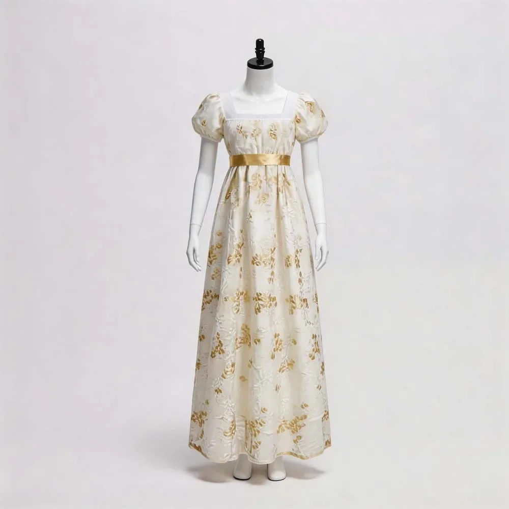 European Vintage Regency Tea Dress Square Neck Puff Short Sleeve Floral Embossed Long Imperial Cosplay Gown With  Waist Belt
