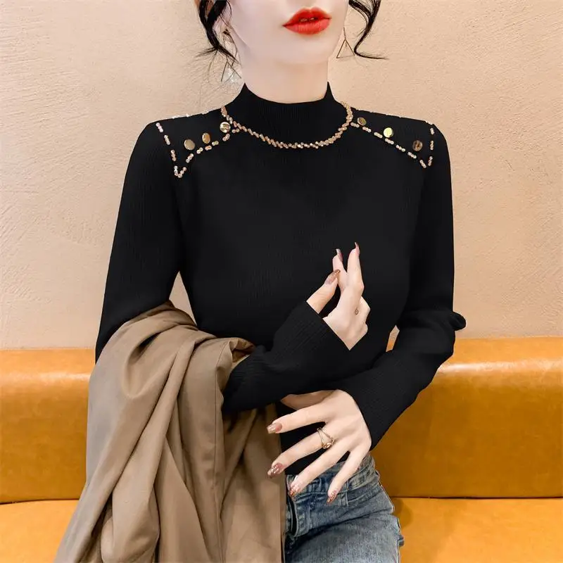 Autumn/Winter 2024 New Retro Half High Collar Long Sleeve Bottom Shirt for Women French Nail Diamond Slimming Knitted Top