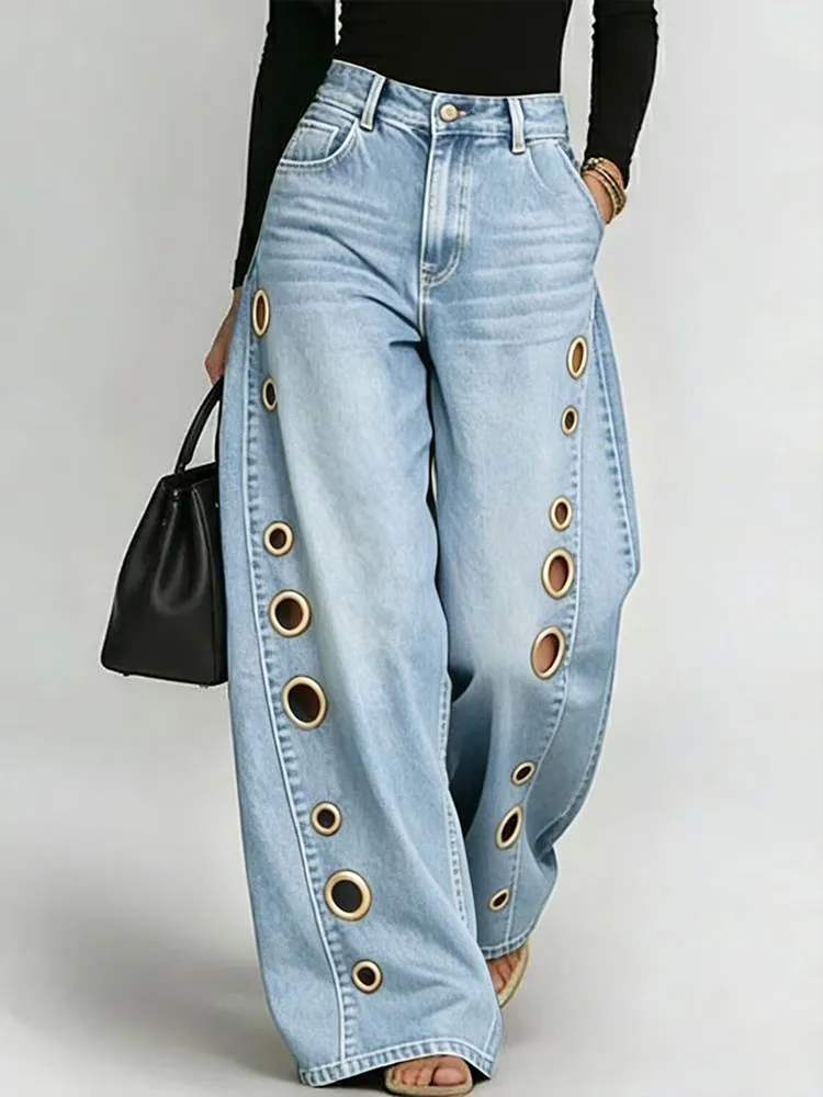 Women's High Waist Wide Leg Pants Loose Button Patchwork Trousers Elegant Spring Summer Fashion Holiday Ladies Pants Streetwear