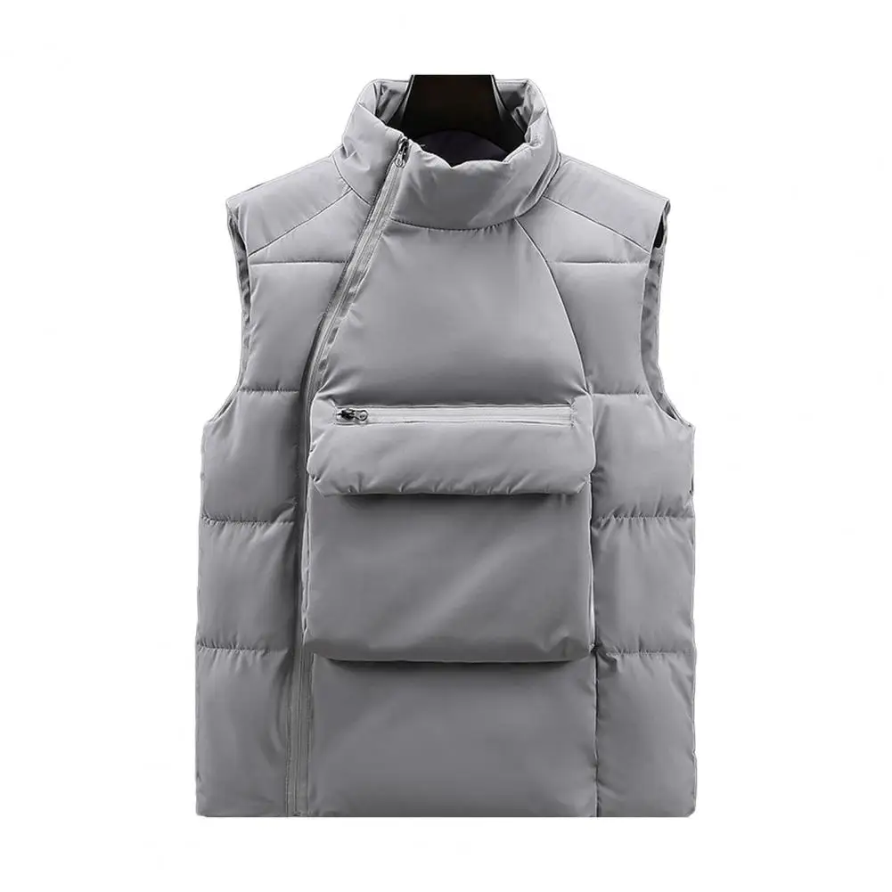 Plus Size Men Down Coat with Front Pockets Stand Collar Sleeveless Waistcoat Oblique Zipper Vest Coat Solid Color Cotton Coat