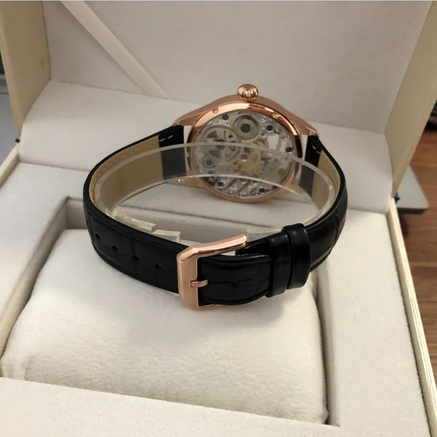 41mm GERRVO No Logo St3600SK scava fuori lo scheletro movimento di avvolgimento manuale 21,600 Dph cassa in oro rosa orologio pilota da uomo