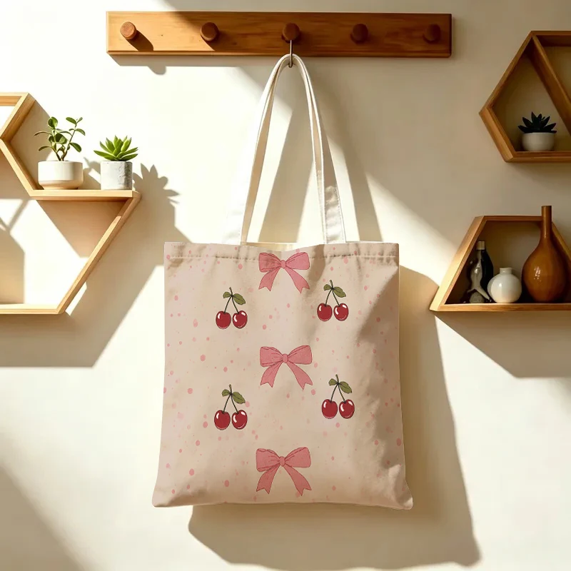 1PC【Tote Bag】2DFlat effect New Korean-style pink bow cherry pattern large-capacity tote bag，Lightweight, durable, and reus