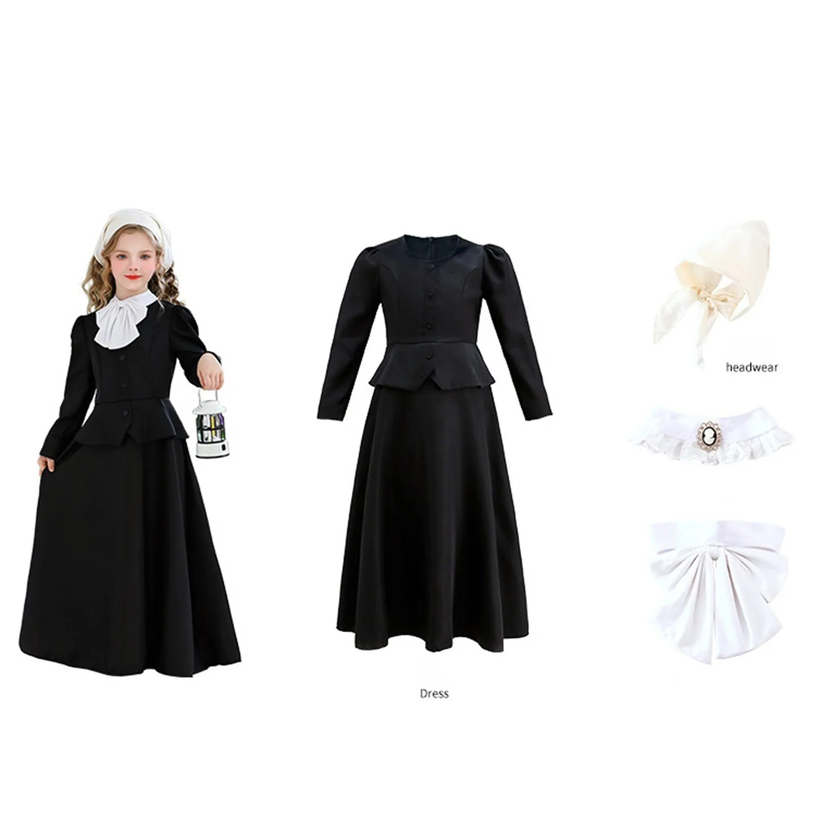 

Girls Victorian Pilgrim Costume Black Long Sleeve Maxi Dress with Headscarf Collar Bow Pioneer Colonial Prairie Dress