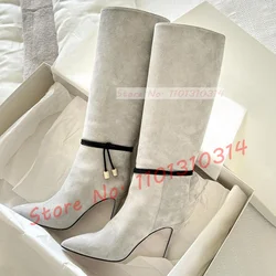 Elegant Grey Suede Knee High Boots Women Fashion Comfortable Stiletto Heel Shoes Ladies Streetwear Ankle Cross String Boots