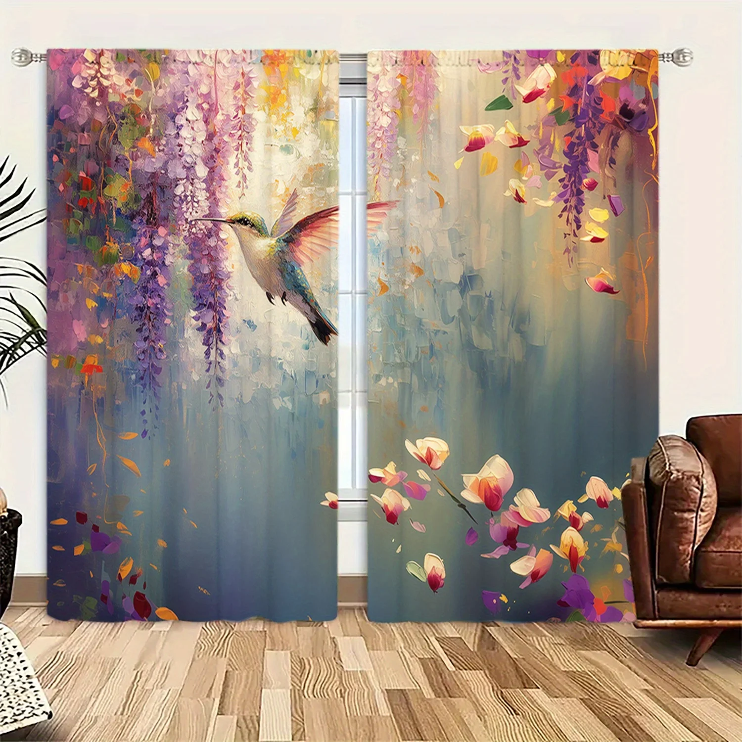 Bohemian Floral Hummingbird Watercolor Curtain Panels Abstract Nature Drapes for Living Room Home Decor Window Coverings Purple