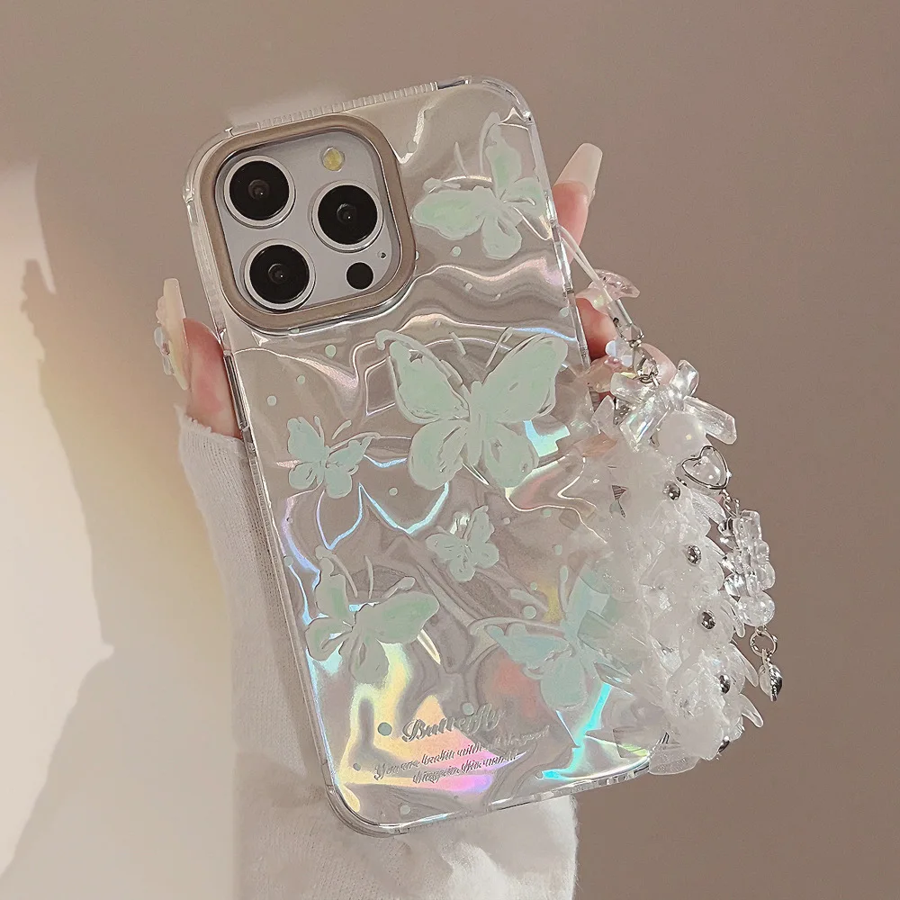 Holographic Green Butterfly Phone Case with Lanyard for iPhone 15 PRO MAX  PLUS 14 13 12 Reflective Fashionable Phone Cover