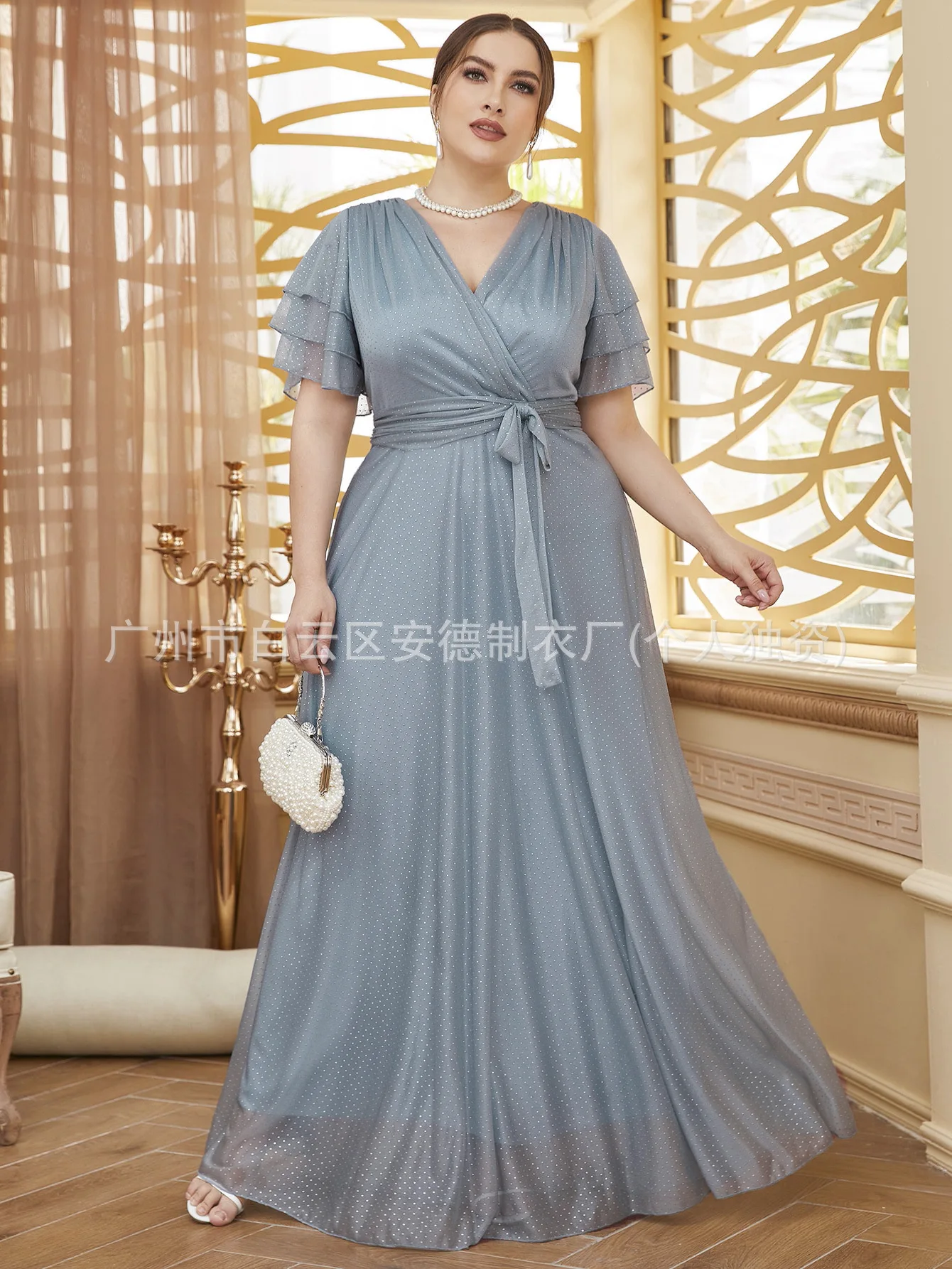 Large Women\'s Elegant Evening Dress Drop Deep V Bridesmaid Fairy Dress Plus Size High Waist Long Chiffon Dress Flare