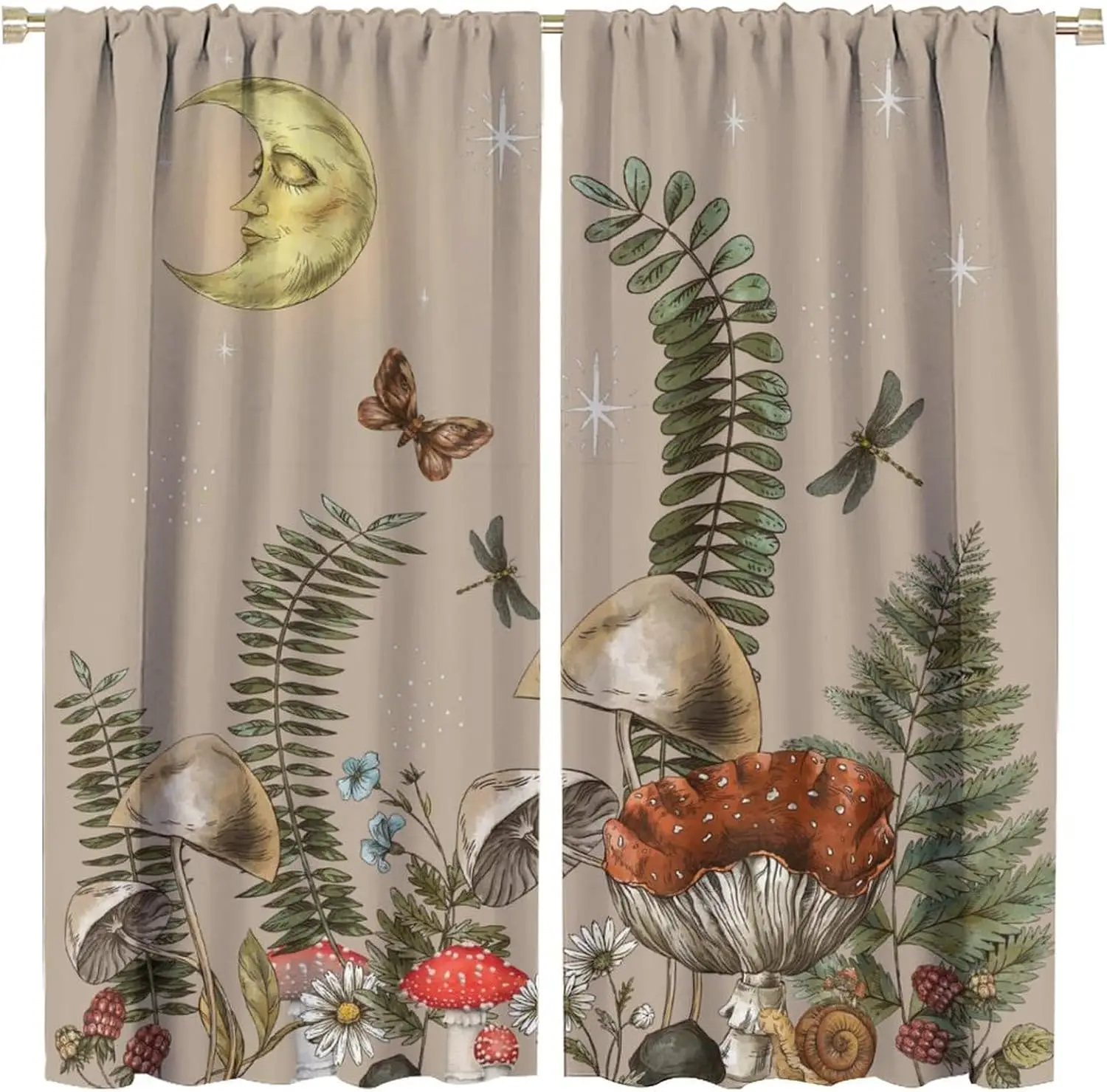 Boho Forest Curtain Crescent Face Moon Wild Mushroom Fern Butterfly Daisy Art Print Light Filter Drape For Living Room Kids