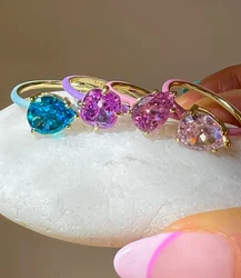 Pastel Enamel Geometric Tear Drop Bright Birthstone Colorful Engagement Wedding Band Ring For Women 2022 New