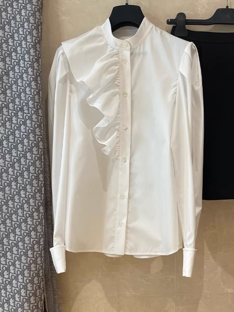 

Spring 2026 New Women's Fashion Shirt Simple Flounce Design Versatile Commute Style Long Sleeve Polyester Fiber Blouse