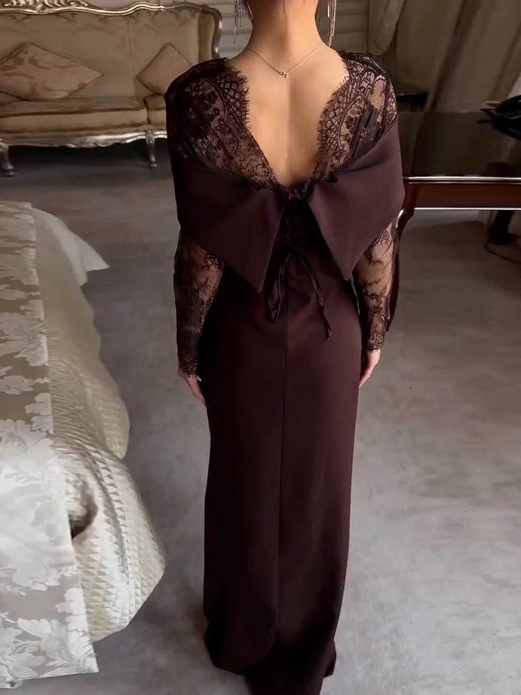 Damen Maxikleid mit quadratischem Kragen, Spitze, Patchwork, einfarbig, schmale Passform, lange Ärmel, schickes Herbstkleid für Urlaub und Partys, Vestido