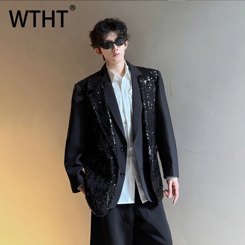 

WTHT Fashion Men's Spliced Sequins Fake Two-piece Design Blazer Coats Trendy Turn Down Collar Jackets Male 2026 Summer 2A2832