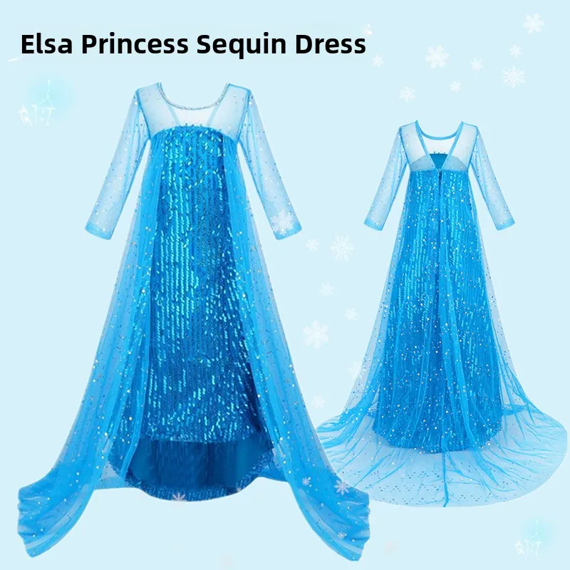 

Princess Elsa Long Sleeve Sequin Dress Children's Spring Summer New Arrival Girl's Long Coat Dress Fairy Tale Costume Polyester