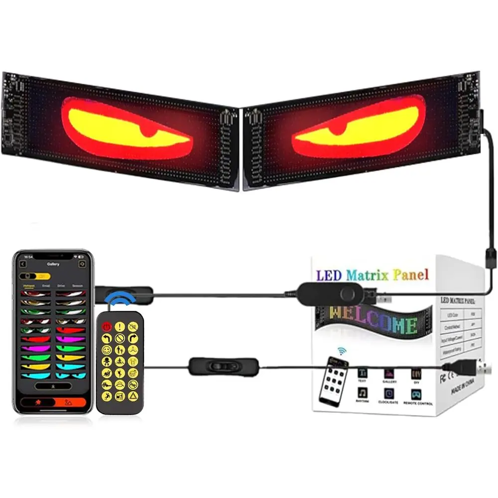 

Pair of Car LED Devil Eyes with Programmable Scrolling Display, USB Powered, Compatible with Vehicle Windows and Medium Trucks,