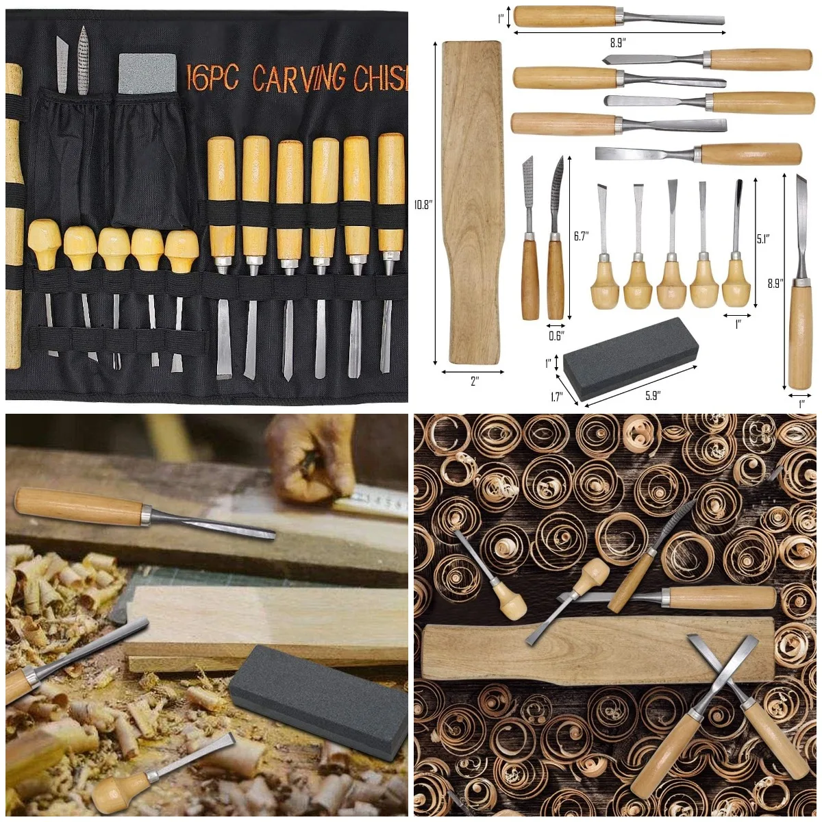 

Wood Carving Tools 16PCS Set with Chisels Gouges Whetstones Premium Wood Handle