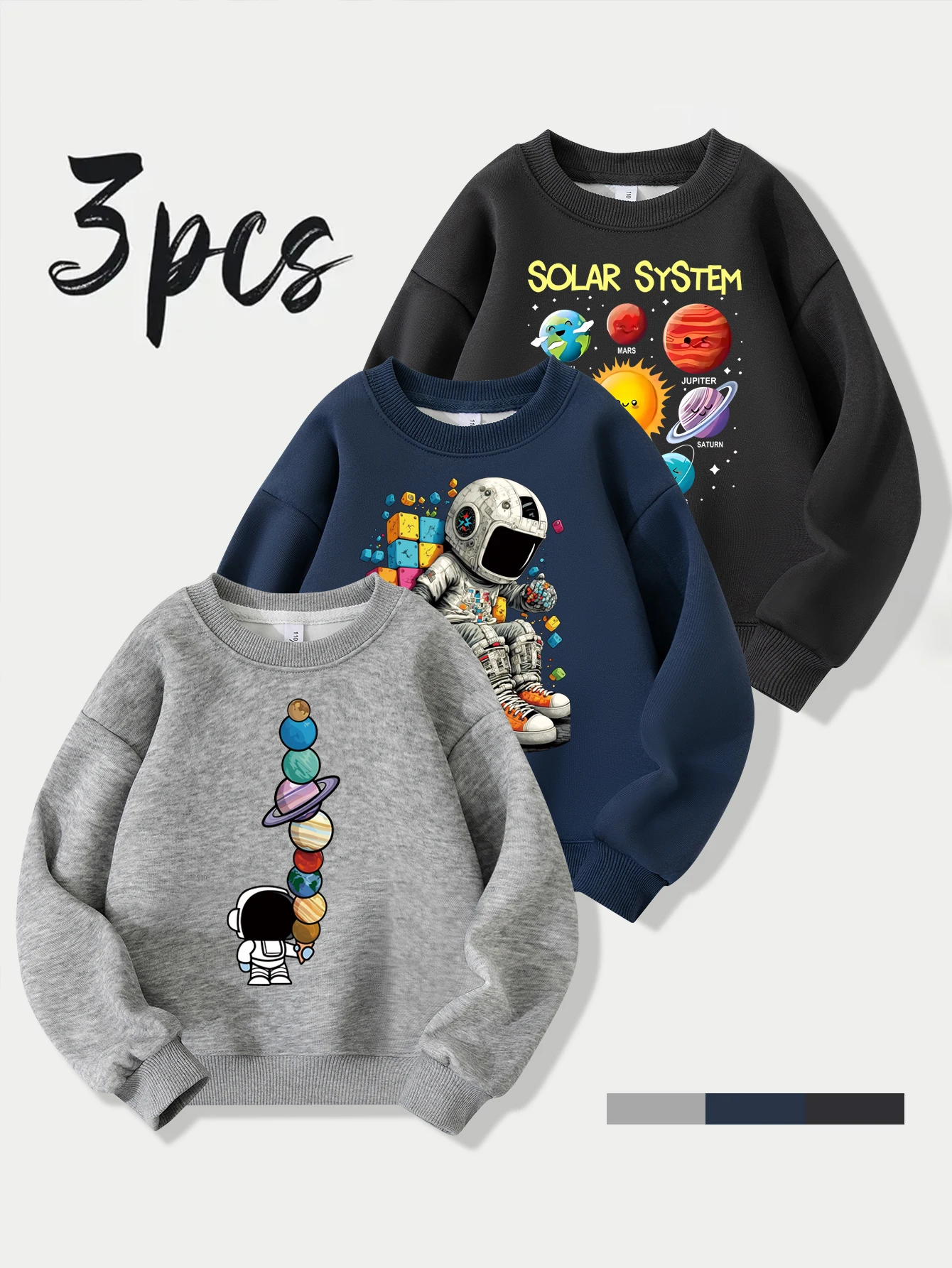

3 шт. толстовка для мальчиков, осенний пуловер с круглым вырезом и рисунком космонавта, для повседневного детского и удобного ношения