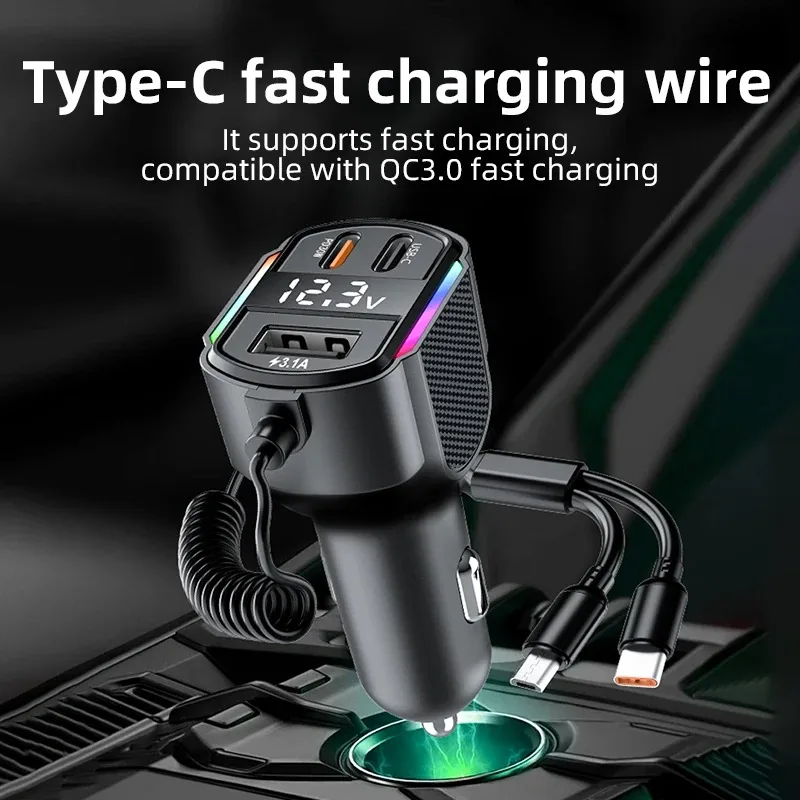 

Автомобильное быстрое зарядное устройство 3 в 1 PD 30 Вт, быстрая зарядка QC3.0 Type-C, автомобильный USB-кабель для зарядки, светодиодный цифровой дисплей, автомобильная сигарета