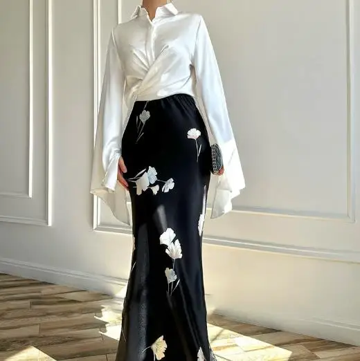 

Two Piece Set Women Outfit 2025 Spring Autumn New Turn-Down Collar Satin Strap Horn Sleeve Shirt & Hip Wrapping Long Skirt Set