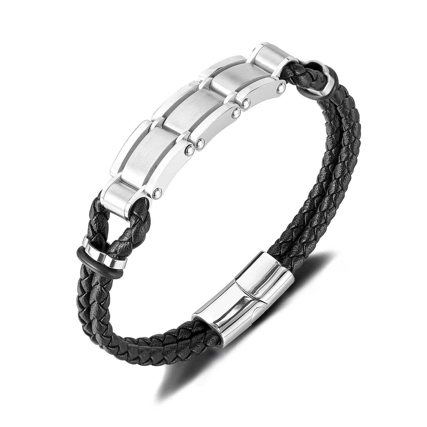 

Men’s Biker Chain Leather Bracelet – Double Layer Braided Wristband with Creative Stainless Steel Design, Hip Hop Style