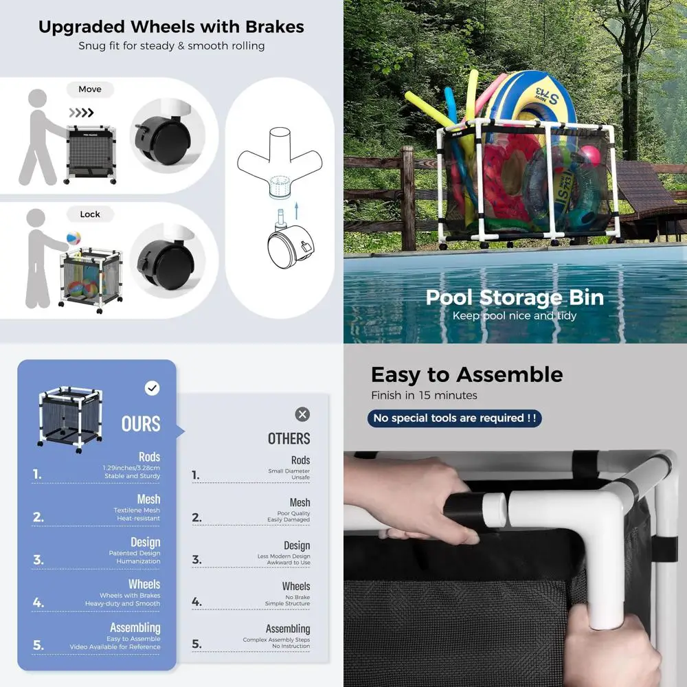 

Compact 45 Gallon Swimming Pool Storage Bin for Noodles, Toys, Floats, and Towels - Mesh Organizer