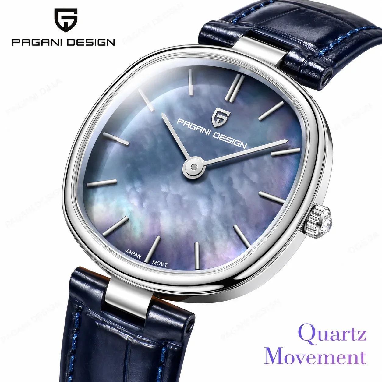 PAGANI DESIGN PD-1825 Women Quartz Watch Miyota GL22 Purple Mother of Pearl Dial Sapphire Navy Blue PU Strap Ladies