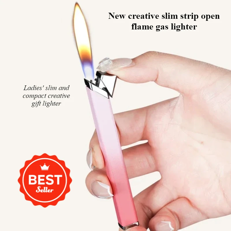 Creative Metal Slim Strip Open Flame Lighter Outdoor Portable Women's Exclusive Slim and Compact Creative Gift Gas Lighter