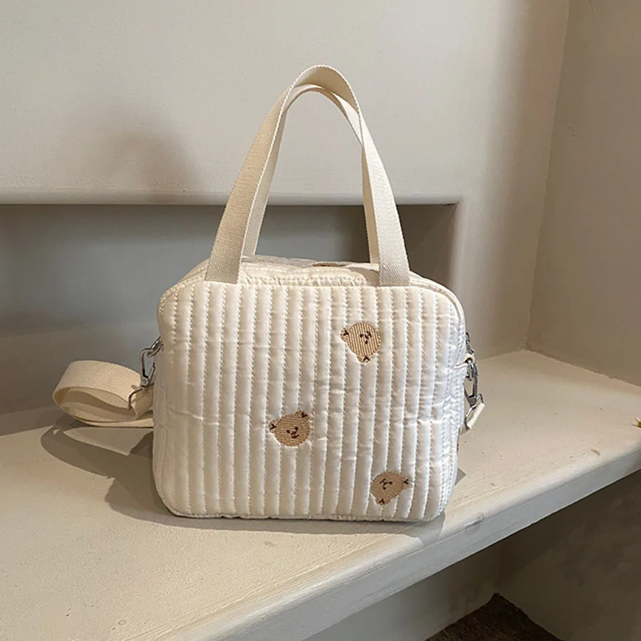 Bolso de mano de tela de algodón con cremallera para bebé, bolsa de equipaje con patrón de bordado de flores, oso bonito, Beige, nuevo