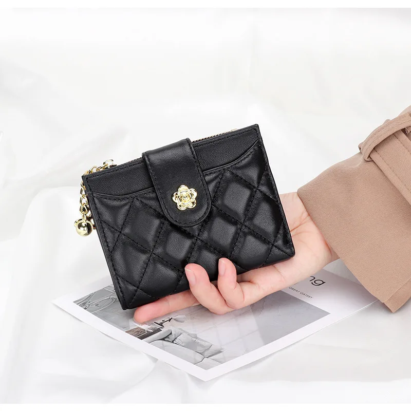 Women\'s Wallet Small Ultra-thin New Fashion Sheepskin Leather 2022 Simple and Short Designer Plaid Purse Genuine Leather Wallets