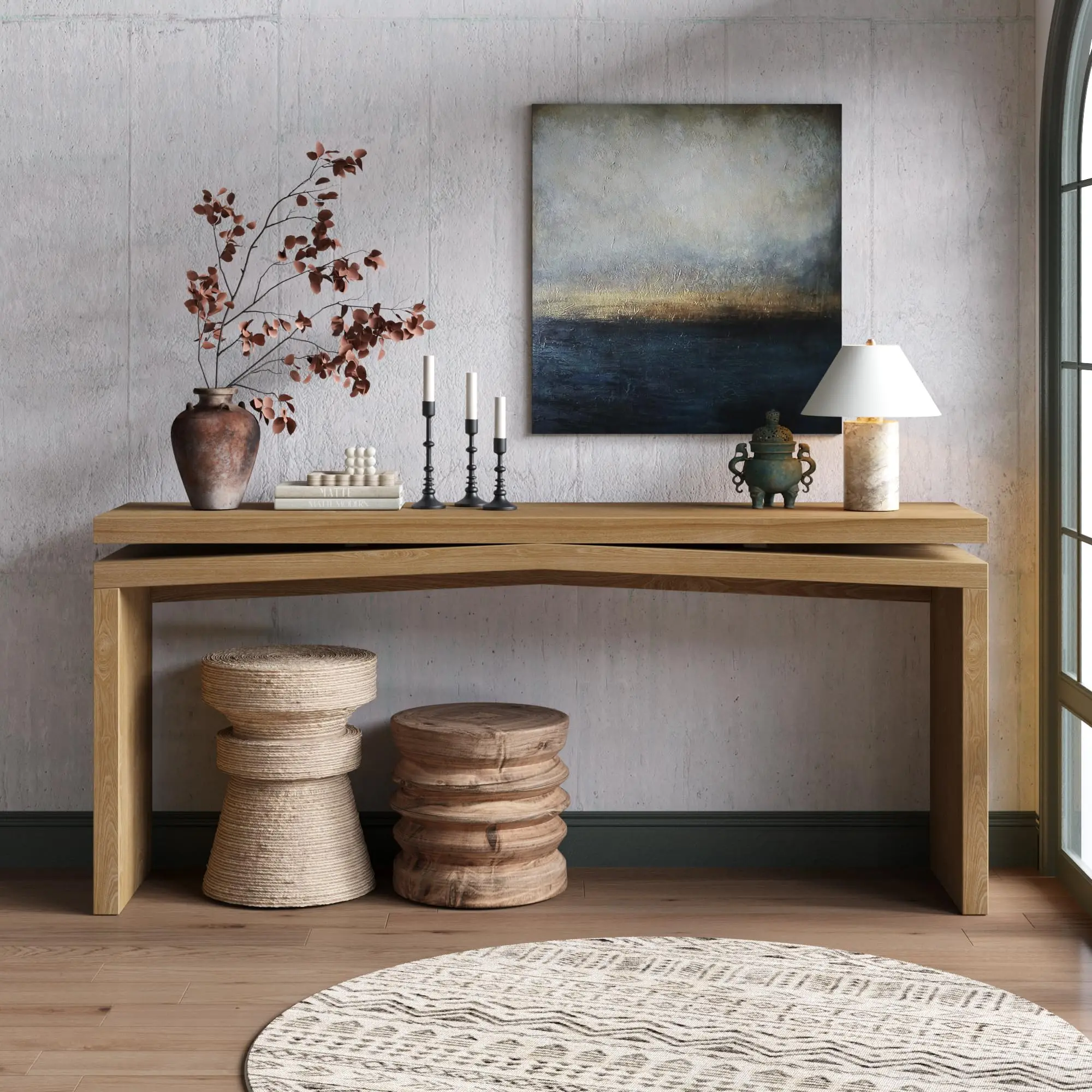 65-Inch Solid Wood Veneer Console Table, Long Farmhouse Entryway Sofa Table with Spacious Tabletop and Distinctive Base