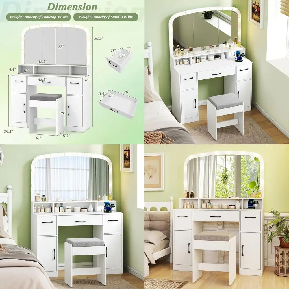 Large Arched Mirror Vanity Desk with Lighting and Charging Station, Storage Drawers & Cabinet for Makeup and Bedroom