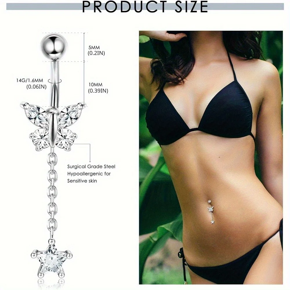 Diamday 1Pcs 316L Stainless Steel 14G Dangle Belly Button Rings Heart CZ Belly Rings Dangle Navel Barbell Body Piercing Jewelry