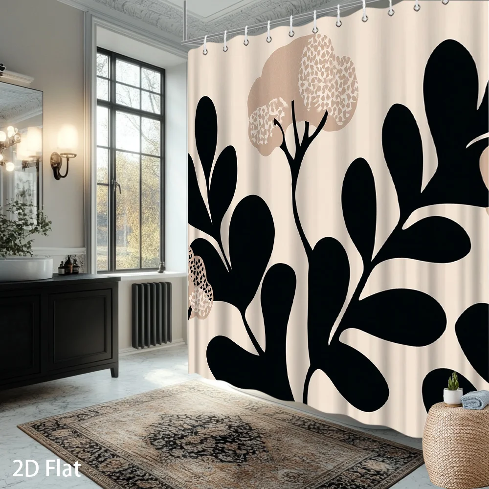 

Abstract Botanical Shower Curtain – Bold Black Leaves & Textured Beige Bloom on Cream, Modern Scandinavian Design, Waterproof