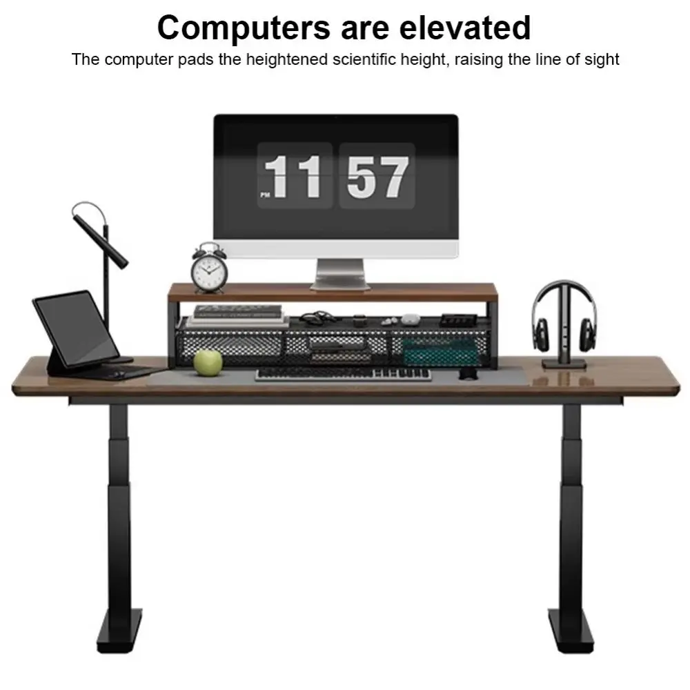 

2-Tier Design Computer Monitor Stand Metal Mesh With Drawer Desk Monitor Riser Multi-Purpose Large Load Bearing